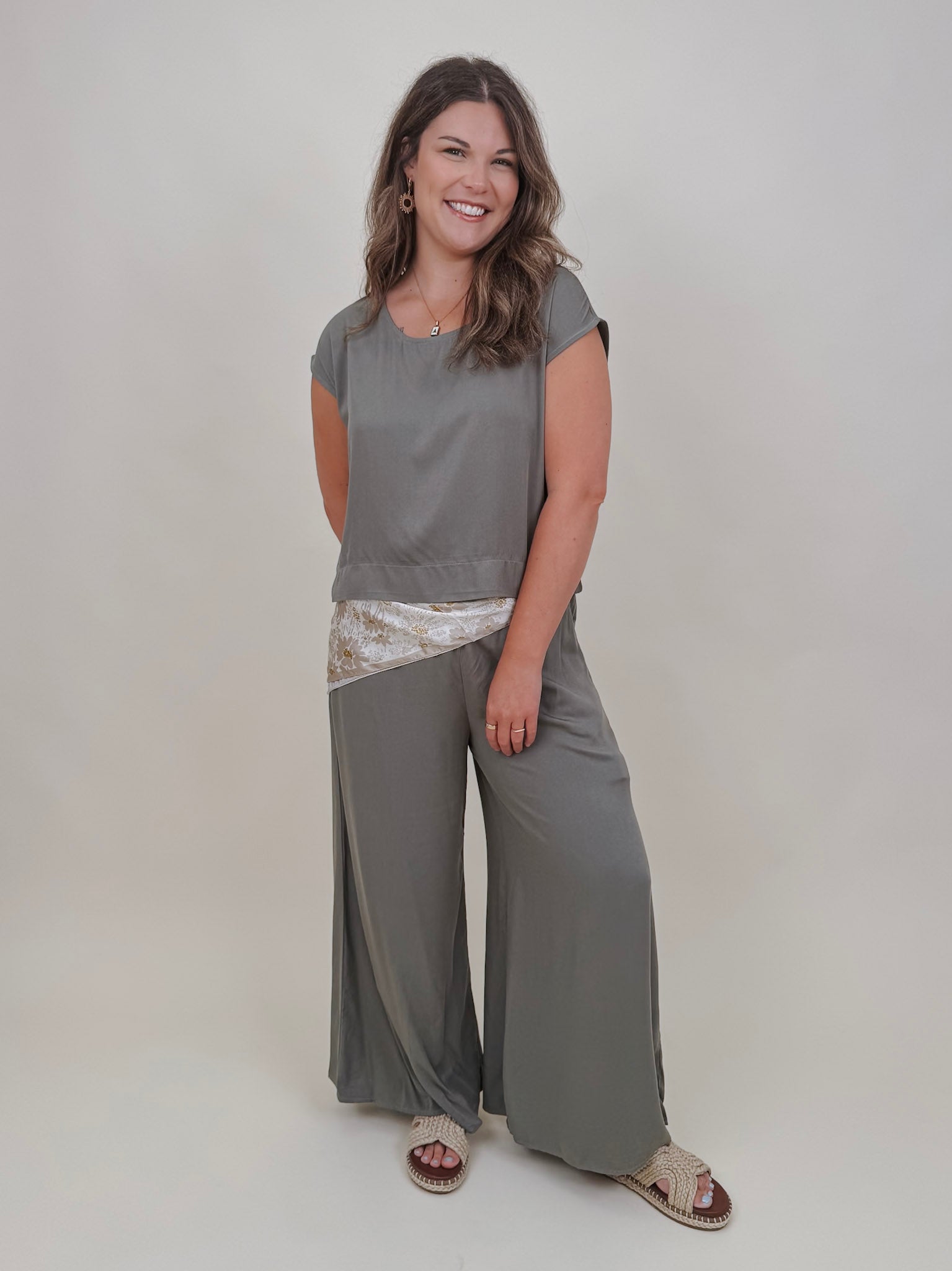 Betty Boxy Top & Wide Leg Pant Set in olive with cap sleeves and a flowing wide leg — Paper Doll
