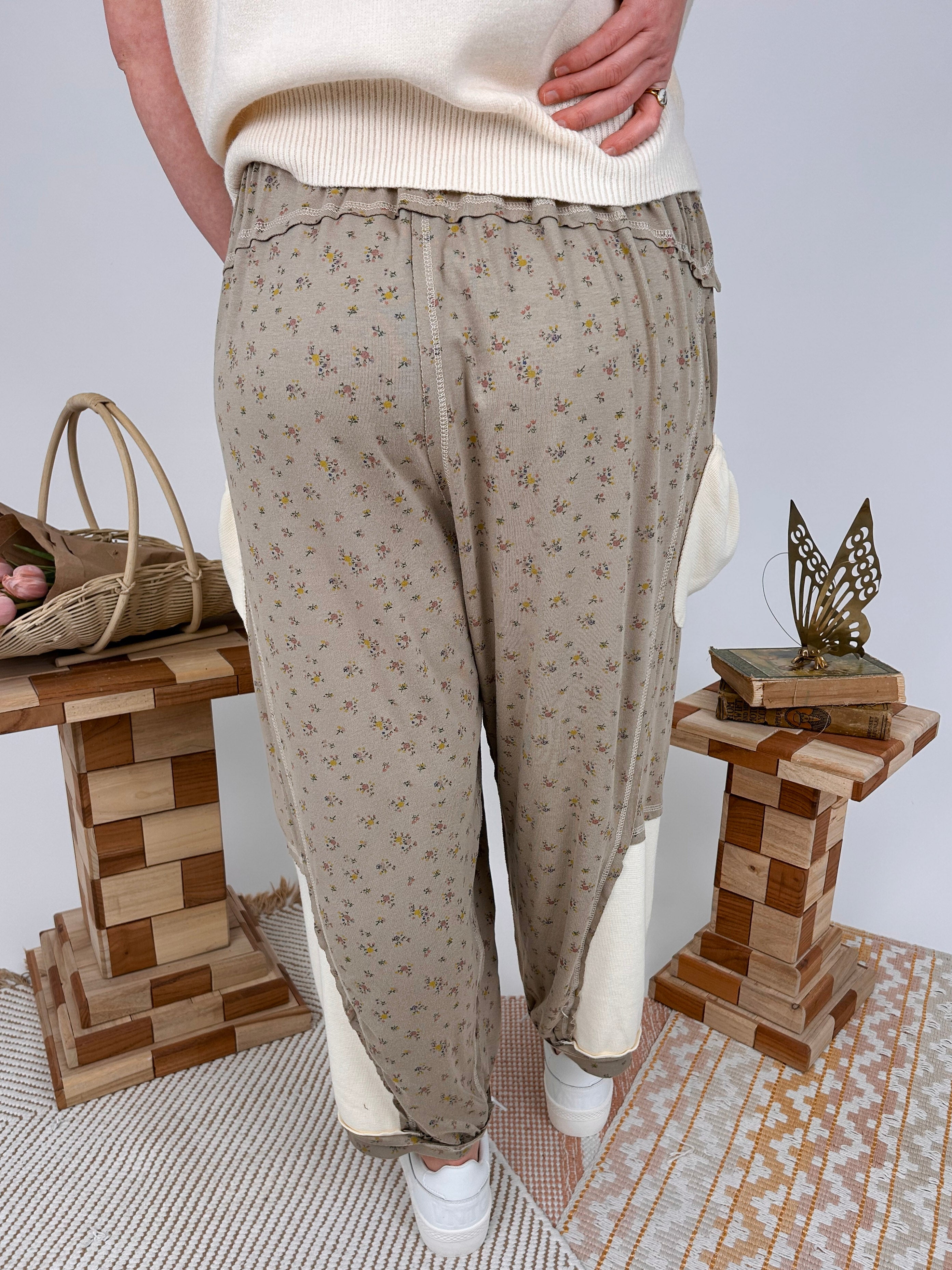 Stephanie Ditsy Floral Jogger in taupe with cream contrast pockets and cuffs - woman wearing relaxed fit drawstring joggers