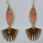 Cotton Candy Dangle Earrings with peach and gold beadwork and a gold fan charm — Paper Doll