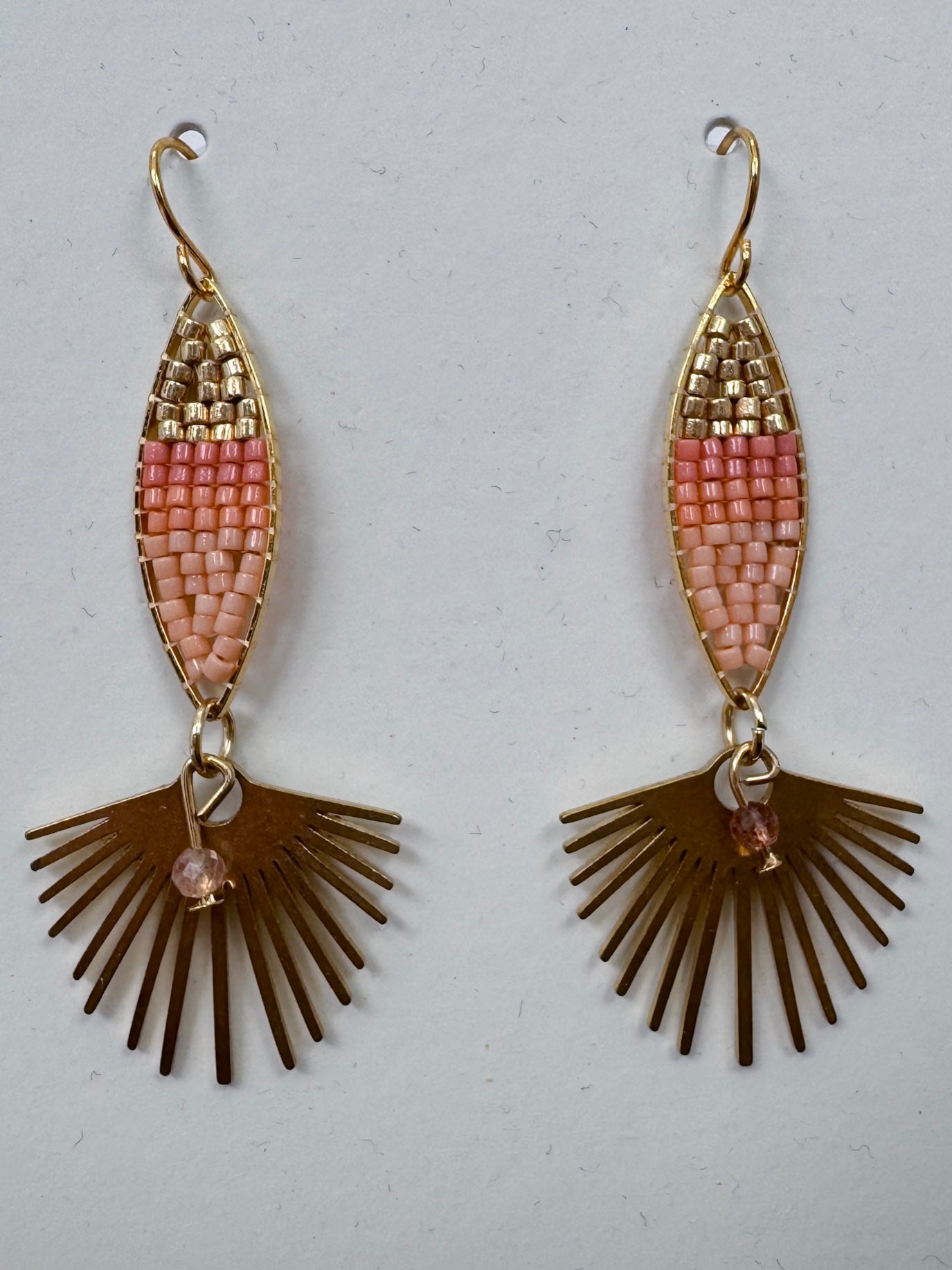 Cotton Candy Dangle Earrings with peach and gold beadwork and a gold fan charm — Paper Doll