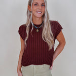 Miranda May Sweater Vest in burgundy ribbed knit with rolled crew neck — Paper Doll
