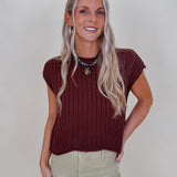 Miranda May Sweater Vest in burgundy ribbed knit with rolled crew neck — Paper Doll