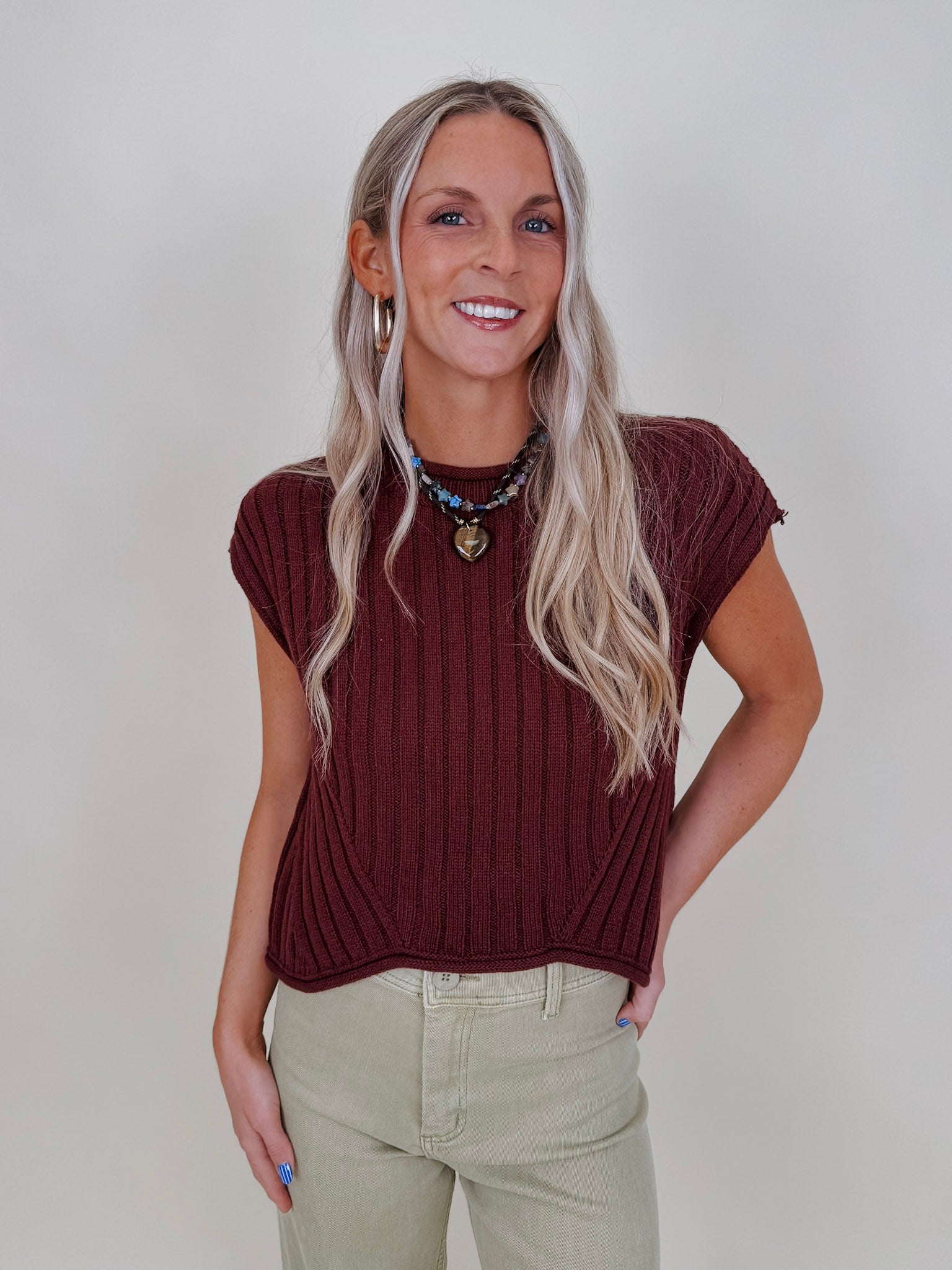 Miranda May Sweater Vest in burgundy ribbed knit with rolled crew neck — Paper Doll
