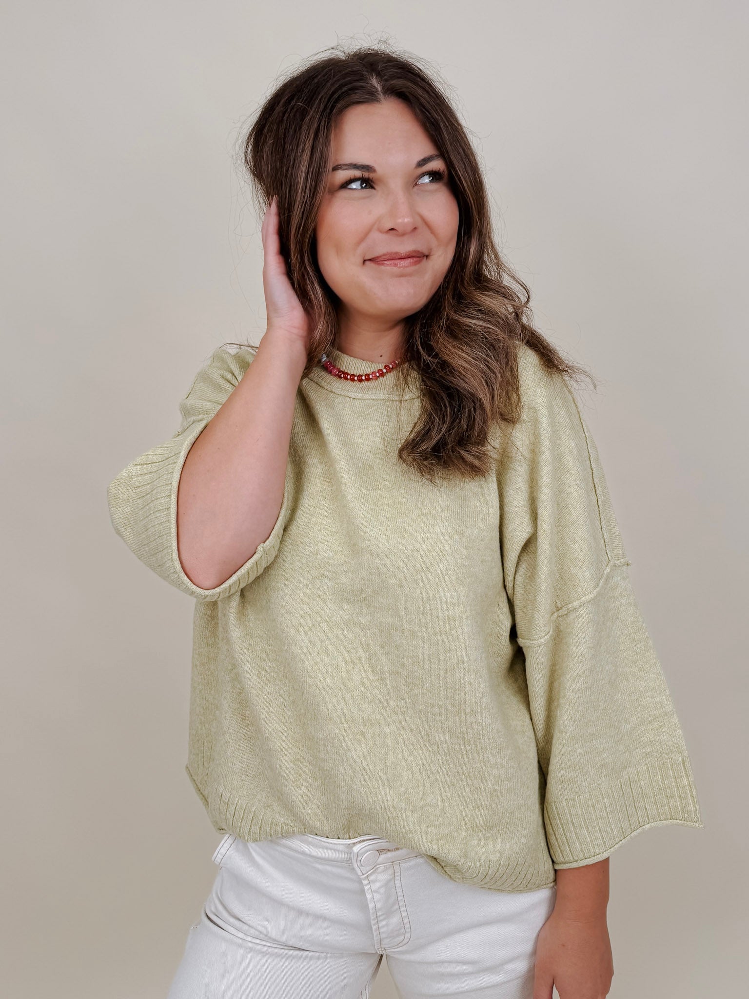 Chrisley Oversized Sweater in lemon-green with dropped shoulders and elbow sleeves — Paper Doll
