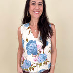 Azaria Floral Blouse with painted blue rose print and raw fringe hem — Paper Doll