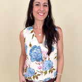 Azaria Floral Blouse with painted blue rose print and raw fringe hem — Paper Doll