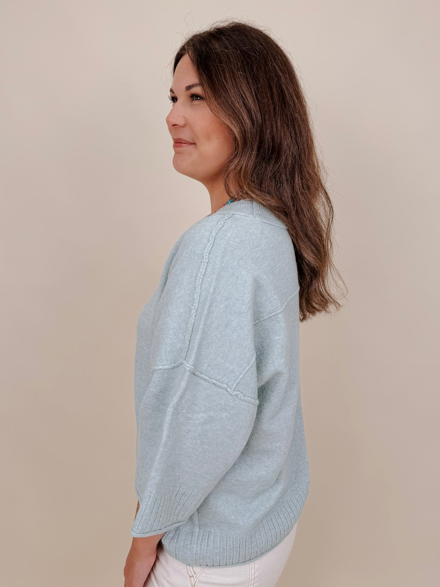 Chrisley Oversized Sweater in sage with dropped shoulders and elbow sleeves — Paper Doll
