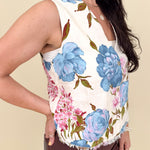 Azaria Floral Blouse with painted blue rose print and raw fringe hem — Paper Doll