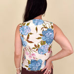 Azaria Floral Blouse with painted blue rose print and raw fringe hem — Paper Doll