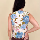 Azaria Floral Blouse with painted blue rose print and raw fringe hem — Paper Doll