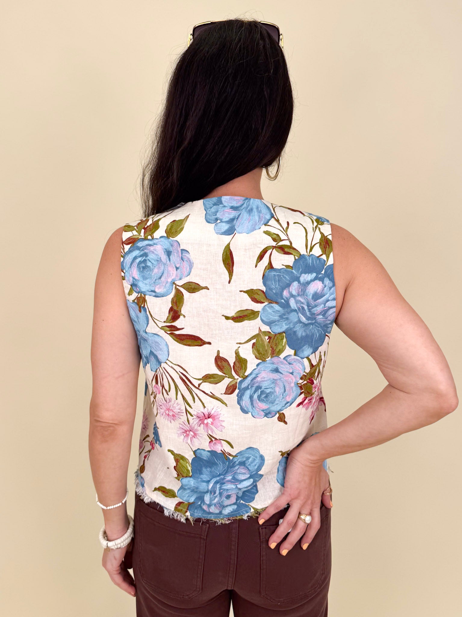 Azaria Floral Blouse with painted blue rose print and raw fringe hem — Paper Doll