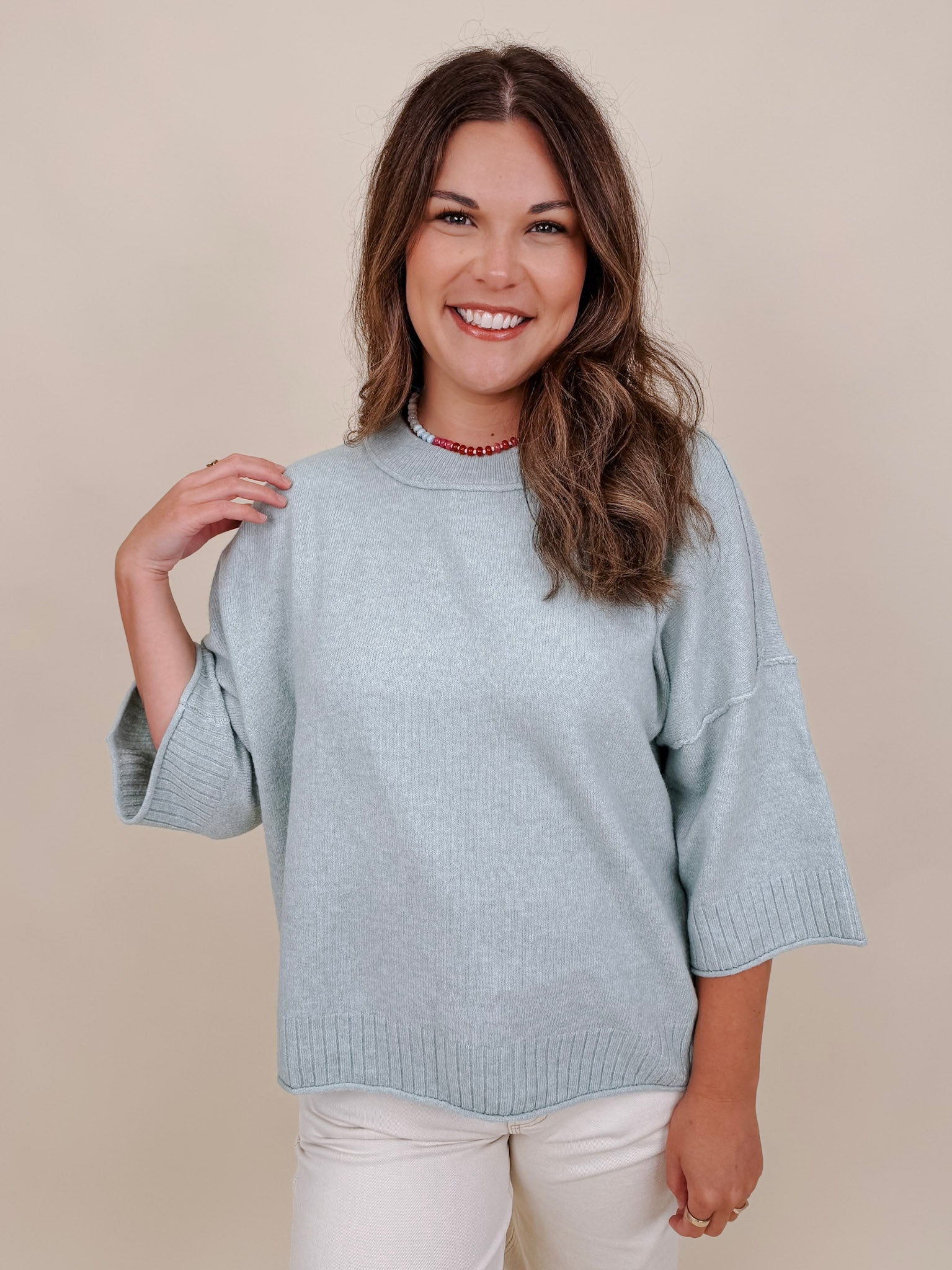 Chrisley Oversized Sweater in sage with dropped shoulders and elbow sleeves — Paper Doll

