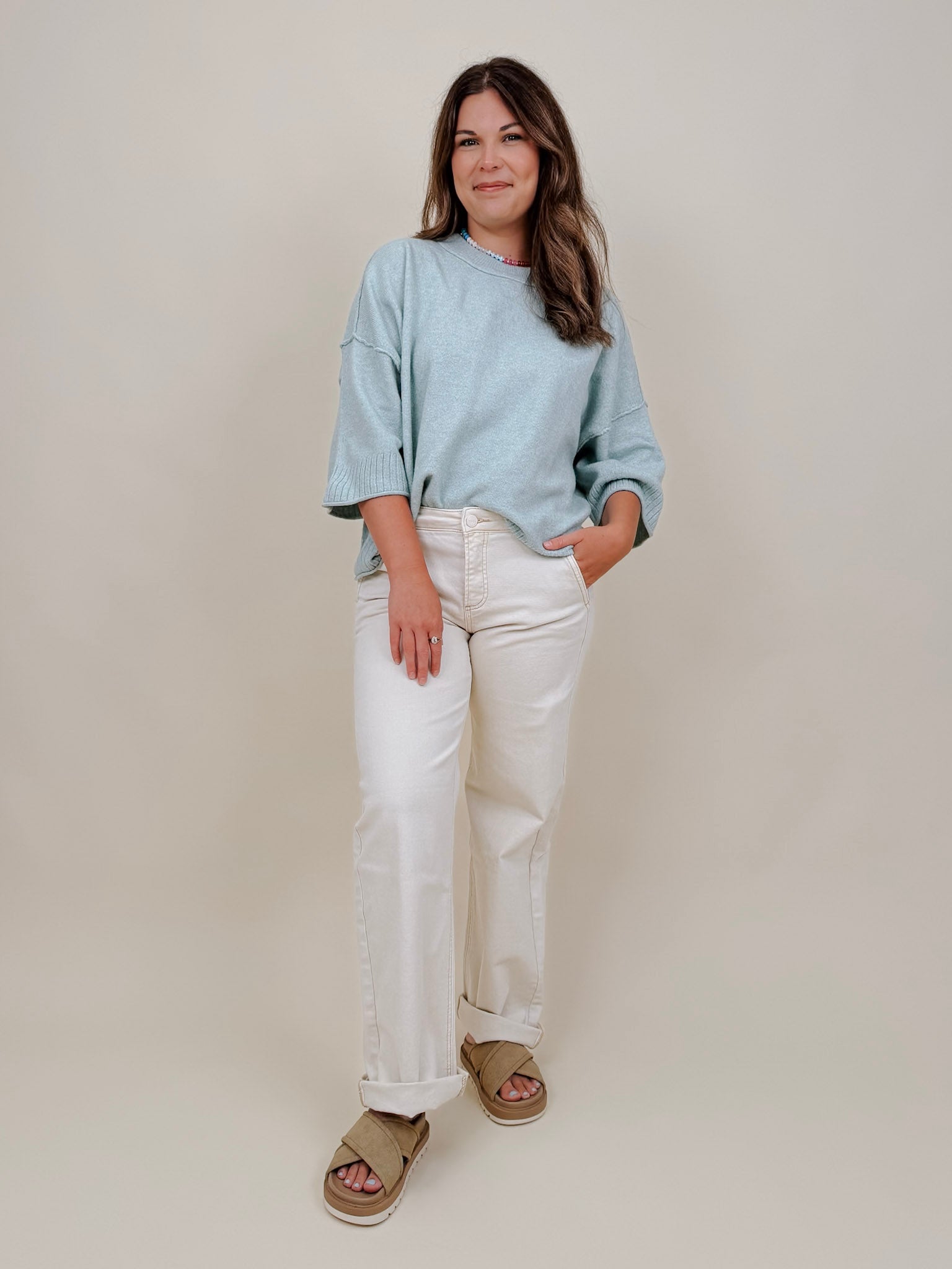 Chrisley Oversized Sweater in sage with dropped shoulders and elbow sleeves — Paper Doll
