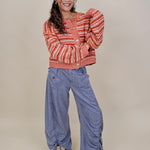 Jasmine Knit Top in coral and rust striped knit with gold buttons — Paper Doll