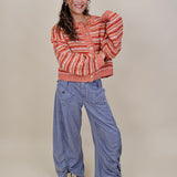 Jasmine Knit Top in coral and rust striped knit with gold buttons — Paper Doll