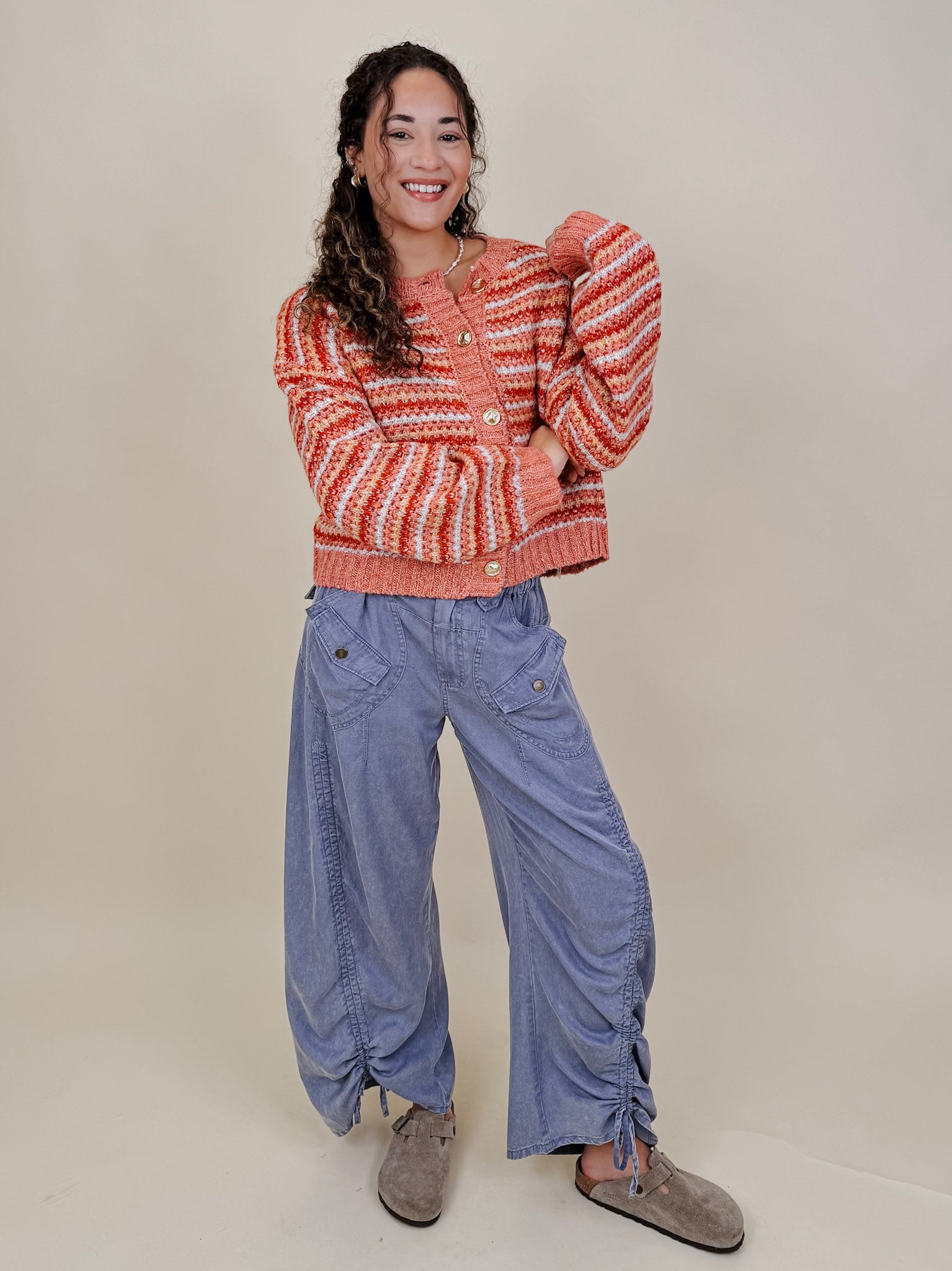 Jasmine Knit Top in coral and rust striped knit with gold buttons — Paper Doll