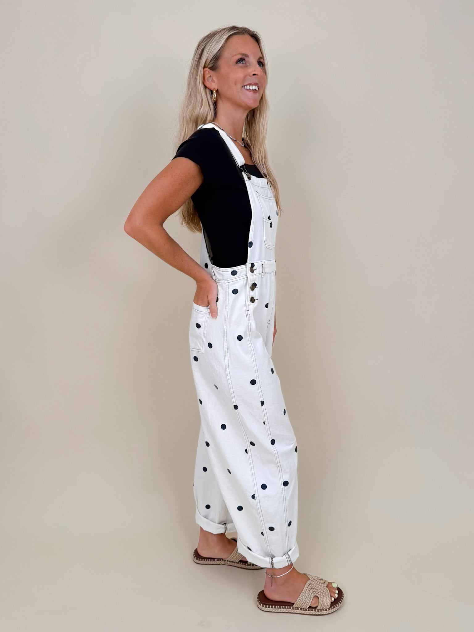 Brooke Polka Dot Overalls in cream denim with navy polka dot print and brass hardware — Paper Doll