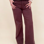 Beatrice Wide Leg Pant in chocolate brown with front seam detail and wide leg silhouette — Paper Doll