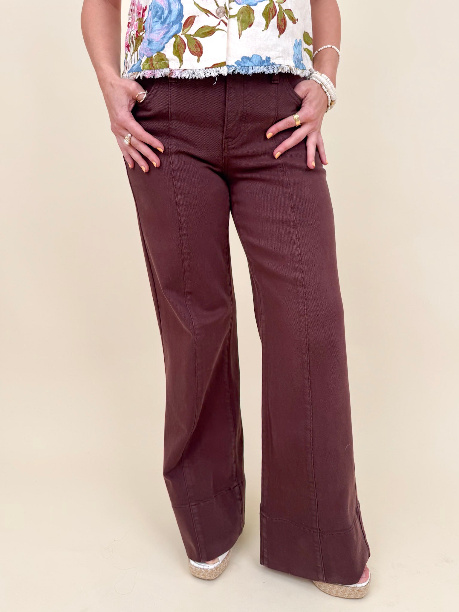 Beatrice Wide Leg Pant in chocolate brown with front seam detail and wide leg silhouette — Paper Doll