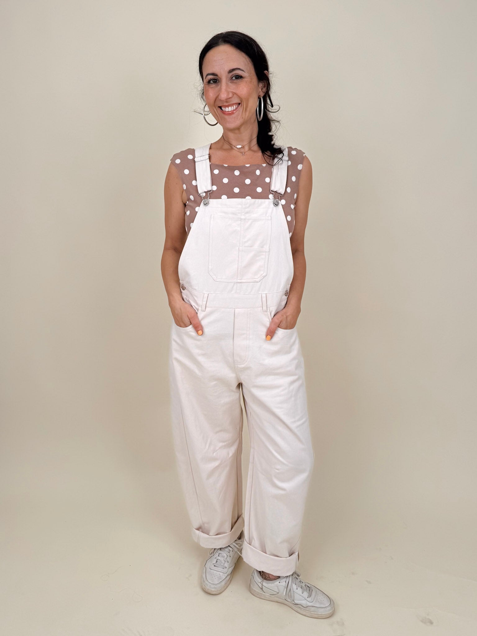 Hillary Polka Dot Top in mocha with cream polka dots and boat neckline — Paper Doll