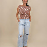 Hillary Polka Dot Top in mocha with cream polka dots and boat neckline — Paper Doll