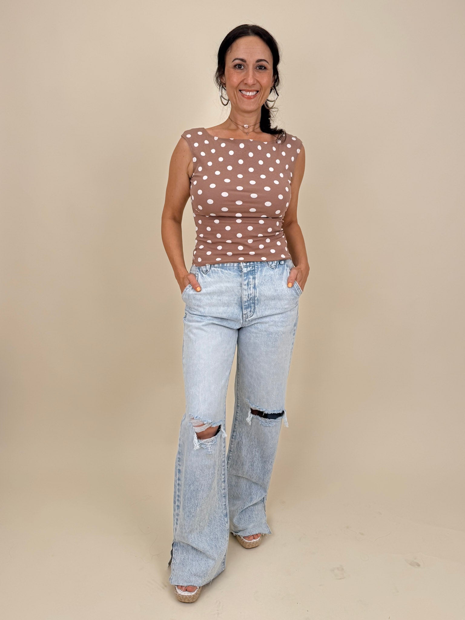 Hillary Polka Dot Top in mocha with cream polka dots and boat neckline — Paper Doll