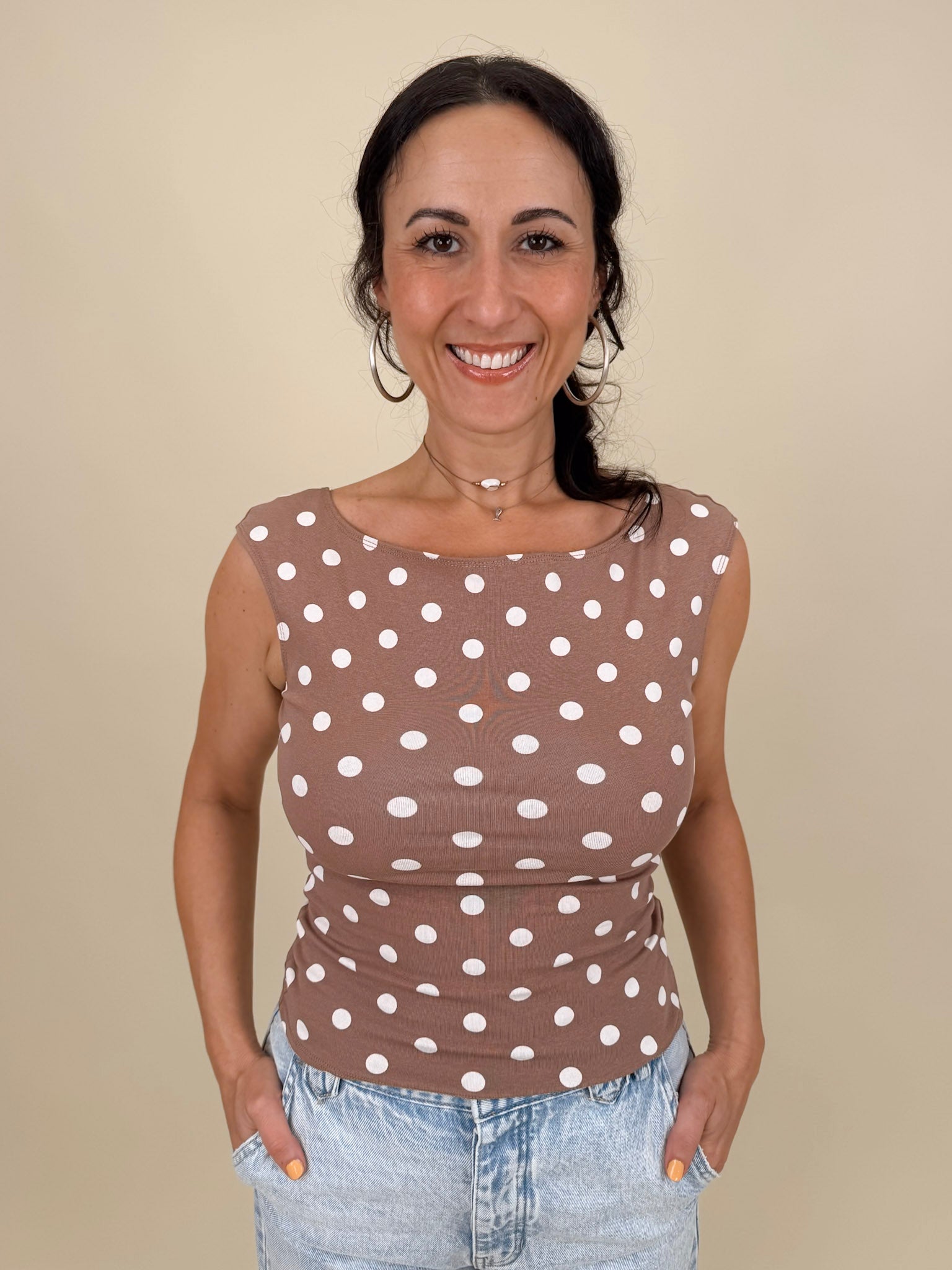 Hillary Polka Dot Top in mocha with cream polka dots and boat neckline — Paper Doll