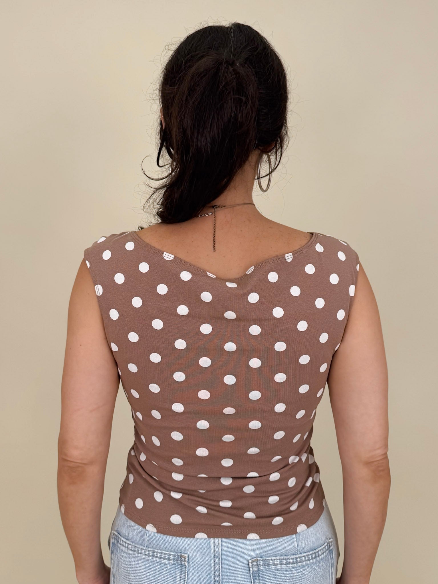Hillary Polka Dot Top in mocha with cream polka dots and boat neckline — Paper Doll