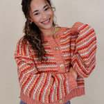 Jasmine Knit Top in coral and rust striped knit with gold buttons — Paper Doll