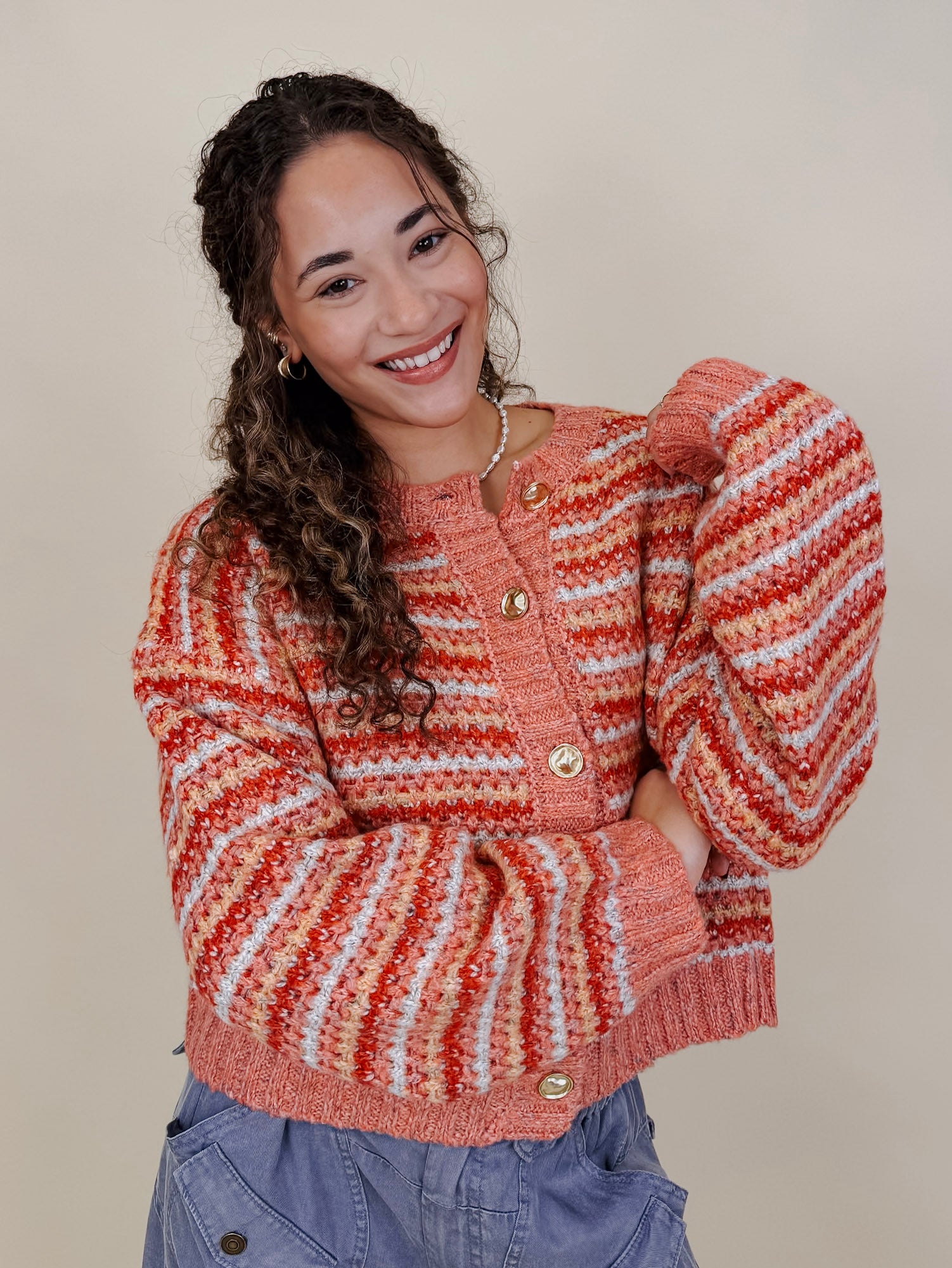 Jasmine Knit Top in coral and rust striped knit with gold buttons — Paper Doll