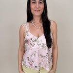 Isabelle Floral Blouse in blush with botanical floral print and lace-trimmed straps — Paper Doll
