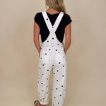 Brooke Polka Dot Overalls in cream denim with navy polka dot print and brass hardware — Paper Doll