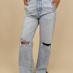 Christina Jeans in light acid wash with wide leg silhouette and distressed knee cutouts — Paper Doll