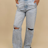 Christina Jeans in light acid wash with wide leg silhouette and distressed knee cutouts — Paper Doll