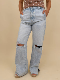 Christina Jeans in light acid wash with wide leg silhouette and distressed knee cutouts — Paper Doll