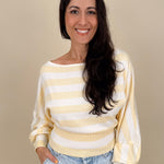 Rendi Sweater Top in light yellow stripe with boat neck and dolman sleeves — Paper Doll