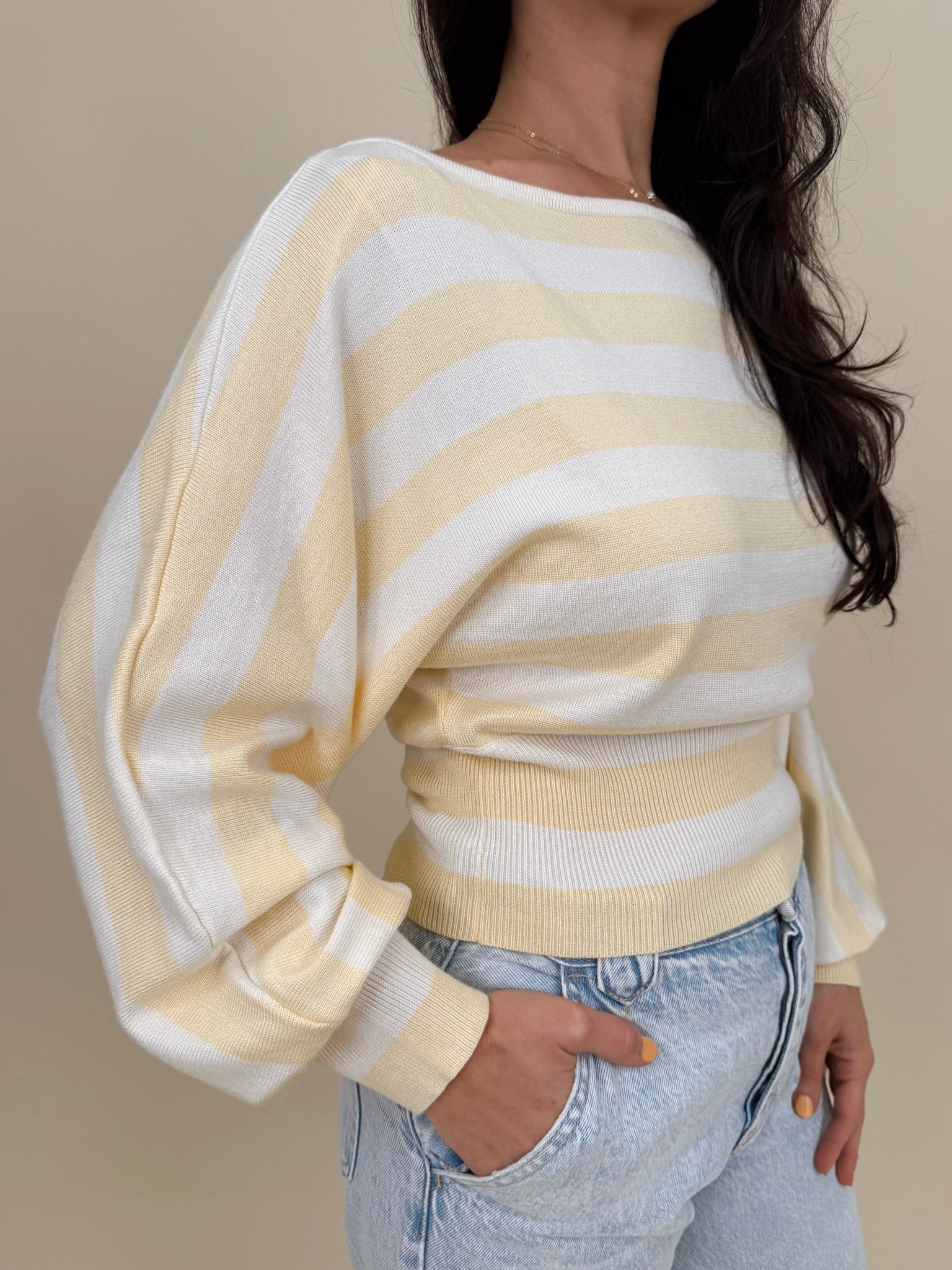 Rendi Sweater Top in light yellow stripe with boat neck and dolman sleeves — Paper Doll
