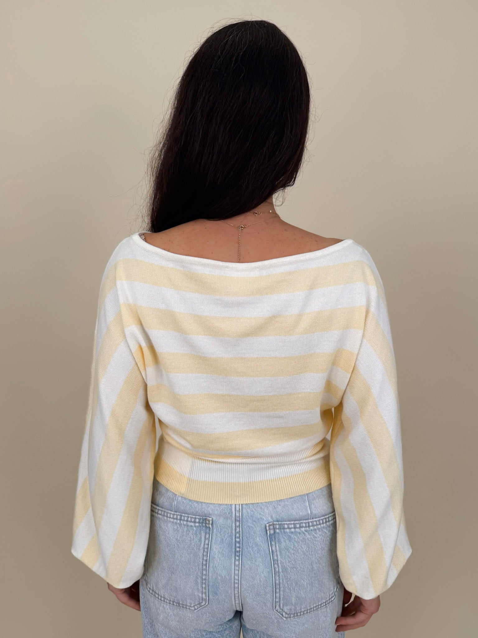 Rendi Sweater Top in light yellow stripe with boat neck and dolman sleeves — Paper Doll