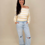 Rendi Sweater Top in light yellow stripe with boat neck and dolman sleeves — Paper Doll