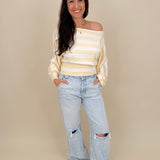 Rendi Sweater Top in light yellow stripe with boat neck and dolman sleeves — Paper Doll