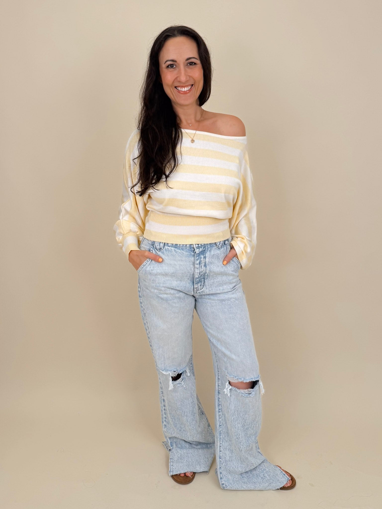 Rendi Sweater Top in light yellow stripe with boat neck and dolman sleeves — Paper Doll