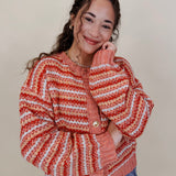 Jasmine Knit Top in coral and rust striped knit with gold buttons — Paper Doll
