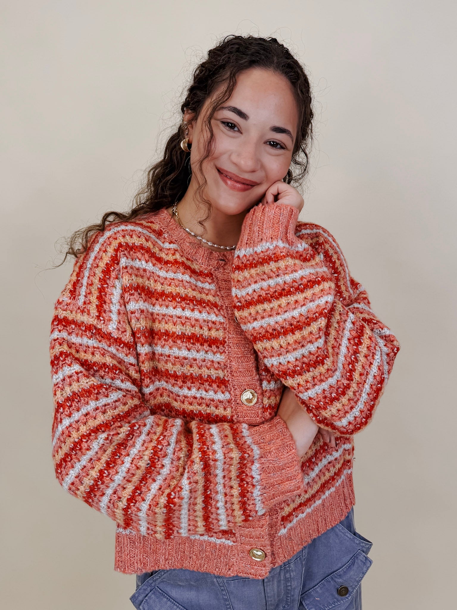 Jasmine Knit Top in coral and rust striped knit with gold buttons — Paper Doll