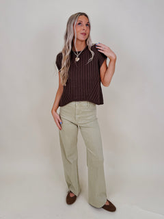 Edith Pant in olive mist with high rise wide leg and raw hem — Paper Doll