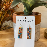 Mosaic Tile and Brass Earring in an aqua and red glass tile mosaic with a gold frame — Paper Doll