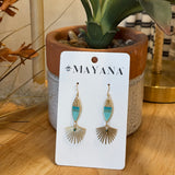 Cotton Candy Dangle Earrings in aqua and gold beadwork with a gold fan charm — Paper Doll
