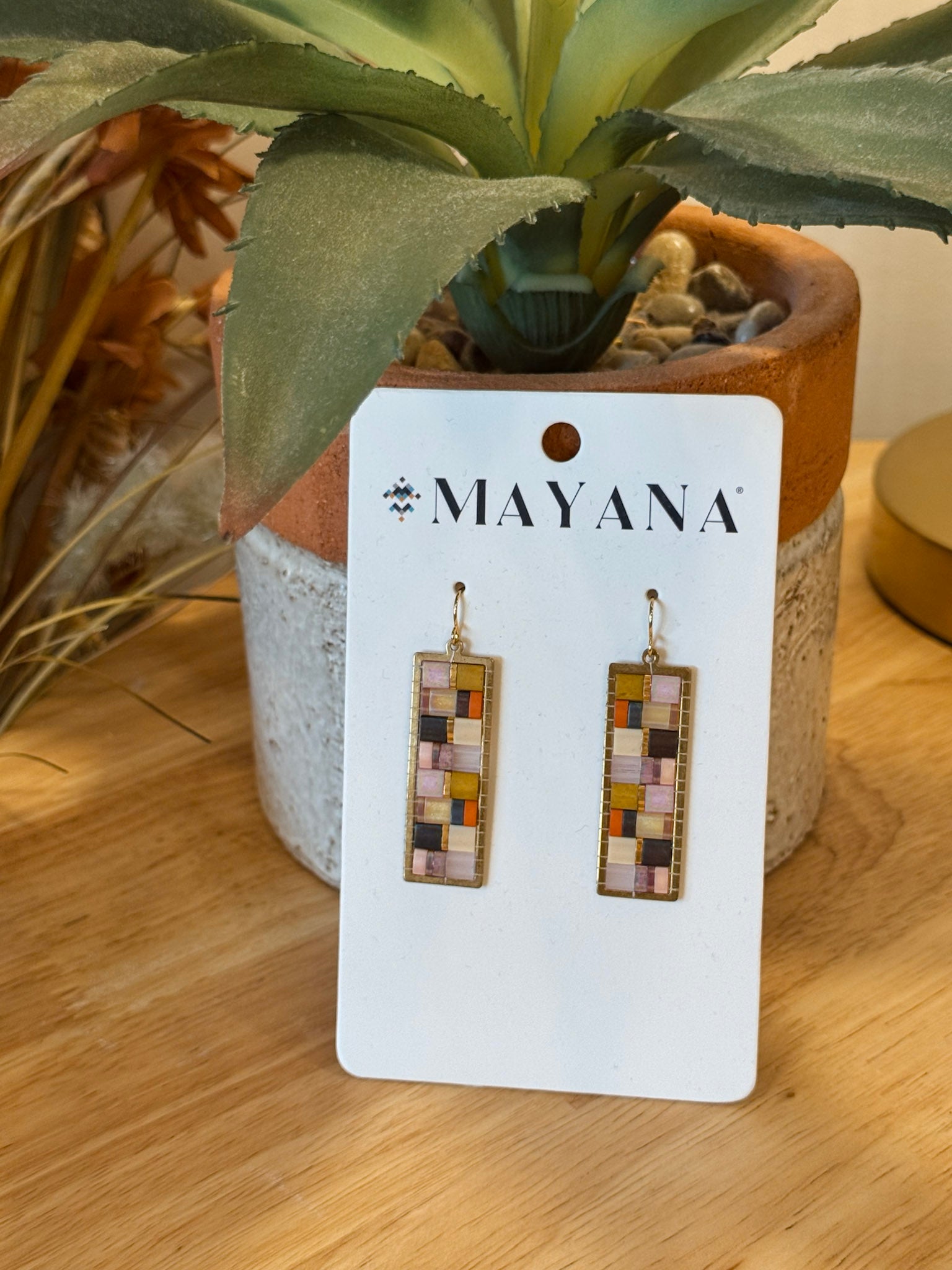 Mosaic Tile and Brass Earring with colorful glass tile mosaic in a gold frame — Paper Doll