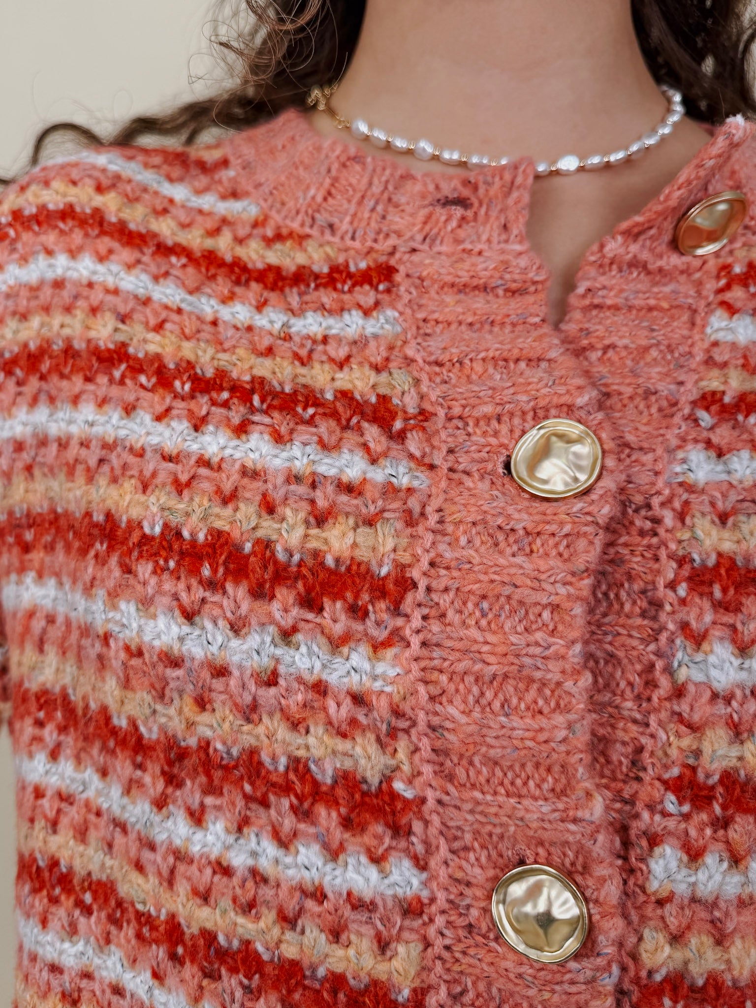 Jasmine Knit Top in coral and rust striped knit with gold buttons — Paper Doll