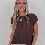 Miranda May Sweater Vest in brown ribbed knit with rolled crew neck — Paper Doll