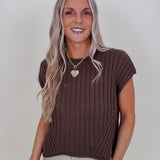 Miranda May Sweater Vest in brown ribbed knit with rolled crew neck — Paper Doll
